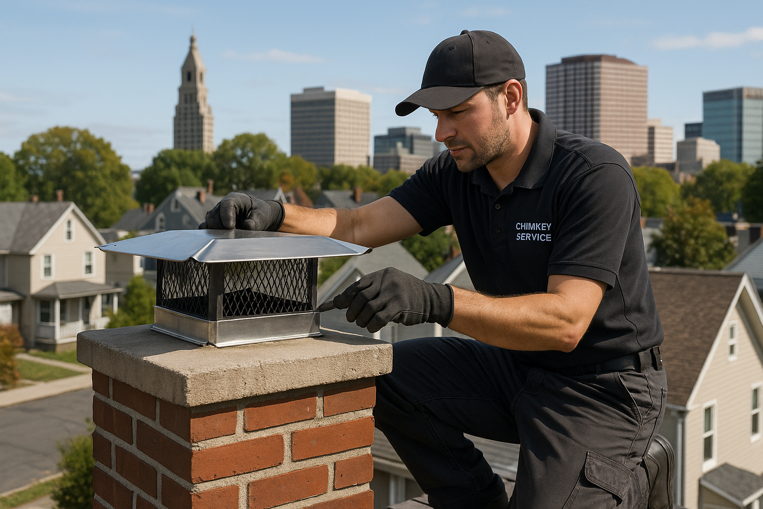 Manchester CT chimney sweep at work